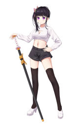 Rule 34 | 1girl, absurdres, black hair, black shorts, black thighhighs, breasts, butterfly hair ornament, cleavage, cleavage cutout, closed mouth, clothing cutout, crop top, dstywn0, full body, hair ornament, hand on hilt, hand on own hip, highres, kimetsu no yaiba, long hair, long sleeves, medium breasts, midriff, navel, purple eyes, sheath, sheathed, short shorts, shorts, side ponytail, simple background, solo, standing, stomach, sweater, sword, thighhighs, triangle cutout, tsuyuri kanao, weapon, white background, white footwear, white sweater, zettai ryouiki