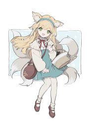 Rule 34 | 1girl, :d, animal ear fluff, animal ears, arknights, bag, basket, blonde hair, blue background, blue hairband, blue skirt, brown footwear, commentary request, crossover, female focus, fox ears, fox girl, fox tail, frilled hairband, frills, full body, green eyes, hairband, head tilt, heixiu, high-waist skirt, highres, jacket, kitsune, long hair, long sleeves, neck ribbon, open clothes, open jacket, open mouth, pantyhose, puffy long sleeves, puffy sleeves, red ribbon, ribbon, shirt, shoes, shoulder bag, sitting, skirt, smile, solo, suzuran (arknights), suzuran (spring praise) (arknights), tail, luo xiaohei zhanji, two-tone background, very long hair, vsmile, white background, white jacket, white pantyhose, white shirt