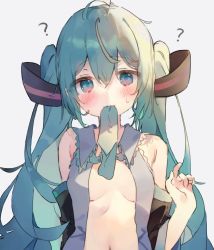 Rule 34 | 1girl, ?, aqua eyes, aqua hair, breasts, cleavage, detached sleeves, hatsune miku, highres, long hair, looking at viewer, mouth hold, navel, necktie, necktie in mouth, open clothes, otintin, simple background, small breasts, solo, twintails, upper body, vocaloid, white background