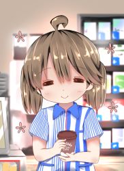 Rule 34 | 10s, 1girl, = =, ahoge, alternate costume, bad id, bad pixiv id, brown hair, clerk, coffee cup, convenience store, cup, disposable cup, employee uniform, hair between eyes, holding, kantai collection, lawson, long hair, mugichoko (mugi no choko), no headwear, ryuujou (kancolle), shirt, shop, short sleeves, smile, solo, striped clothes, striped shirt, twintails, uniform, upper body, vertical-striped clothes, vertical-striped shirt