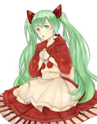 Rule 34 | 1girl, bad id, bad pixiv id, bracelet, dress, green eyes, green hair, hatsune miku, jewelry, long hair, matching hair/eyes, nakasima-syouta, open mouth, own hands clasped, own hands together, simple background, solo, twintails, very long hair, vocaloid, white background