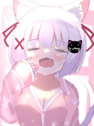 Rule 34 | 1girl, = =, animal ear fluff, animal ears, ashitaba kemo, bandaid, bandaid on cheek, bandaid on face, blush, breasts, cat ears, cat girl, cat hair ornament, cat tail, cleavage, closed eyes, collared shirt, commentary request, dress shirt, drooling, facing viewer, fang, hair ornament, hair ribbon, hand up, highres, long sleeves, medium breasts, open mouth, original, pajamas, pink pajamas, pink shirt, red ribbon, ribbon, saliva, shirt, sleeves past wrists, solo, tail, upper body, wavy mouth, white hair, x hair ornament