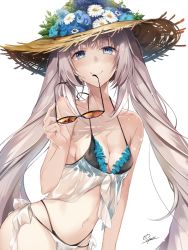 Rule 34 | 1girl, arm support, bare shoulders, bikini, blue eyes, blush, breasts, cleavage, closed mouth, collarbone, eyewear in mouth, unworn eyewear, fate/grand order, fate (series), flower, groin, hat, hat flower, highleg, highleg bikini, hirai yuzuki, holding, holding removed eyewear, long hair, looking at viewer, marie antoinette (fate), medium breasts, mouth hold, navel, see-through, signature, silver hair, simple background, sitting, smile, smug, solo, stomach, straw hat, sunglasses, swimsuit, tinted eyewear, twintails, very long hair, white background