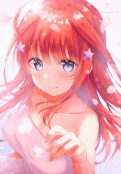 Rule 34 | 1girl, ahoge, amedamacon, bare arms, bare shoulders, blue eyes, blush, breasts, collarbone, commentary request, dress, fingernails, go-toubun no hanayome, grey background, hair between eyes, hair ornament, hand up, long hair, looking at viewer, medium breasts, nakano itsuki, petals, red eyes, sidelocks, solo, star (symbol), star hair ornament, strapless, strapless dress, tears, twitter username, very long hair, white dress