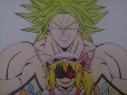 Rule 34 | 1boy, 1girl, bad id, bad nicoseiga id, blonde hair, broly (dragon ball z), clenched teeth, crystal, dragon ball, dragonball z, earrings, evil smile, flandre scarlet, hat, jewelry, legendary super saiyan, muscular, pointy ears, puffy sleeves, red eyes, ribbon, side ponytail, smile, spiked hair, super saiyan, teeth, touhou, vampire, wings