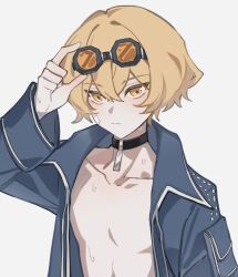 Rule 34 | 1boy, absurdres, bishounen, blonde hair, choker, ebf7l, goggles, highres, jacket, limbus company, male focus, project moon, short hair, simple background, sinclair (project moon), solo, sweat, topless male, white background, yellow eyes