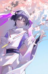 Rule 34 | 1boy, armor, belt, black bow, blue sky, blunt ends, bow, branch, cherry blossoms, cu09291, day, detached sleeves, flower, genshin impact, gold trim, hair between eyes, hand up, highres, japanese armor, kote, kurokote, leaf, long sleeves, looking to the side, male focus, mandarin collar, official alternate costume, outdoors, pants, pink flower, pom pom (clothes), purple belt, purple bow, purple eyes, purple hair, purple shirt, red bow, scaramouche (genshin impact), scaramouche (kabukimono) (genshin impact), shirt, short hair, sky, smile, solo, standing, teeth, tree, veil, vest, white pants, white vest, wide sleeves