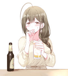 Rule 34 | 1girl, :d, ahoge, alcohol, bad id, bad twitter id, beer, beer bottle, braid, brown eyes, brown hair, commentary request, cup, drinking glass, earrings, hand on own chin, holding, holding cup, idolmaster, idolmaster shiny colors, jewelry, kuwayama chiyuki, open mouth, romi (346 ura), simple background, single braid, smile, solo, sweatdrop, upper body, white background