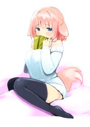 Rule 34 | 1girl, animal ears, bare shoulders, black thighhighs, blue eyes, blush, book, breasts, covering own mouth, detached sleeves, ears down, female focus, kanae (naomi), large breasts, looking at viewer, nanashin naomi, original, pink hair, short hair, sitting, solo, sweater, tail, thighhighs