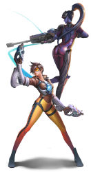 Rule 34 | 2girls, absurdres, ass, bodysuit, colored skin, contrapposto, dantewontdie, gun, hand up, head-mounted display, highres, long hair, multiple girls, overwatch, overwatch 1, ponytail, purple skin, rifle, shadow, shoes, short hair, skin tight, sniper rifle, standing, tracer (overwatch), very long hair, weapon, wedgie, white background, widowmaker (overwatch)