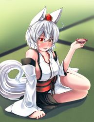Rule 34 | 1girl, ahoge, alcohol, animal ears, bare shoulders, breasts, cleavage, collarbone, commentary, commentary request, cup, detached sleeves, drunk, hat, highres, indoors, inubashiri momiji, japanese clothes, kouno ibuki, large breasts, off shoulder, open mouth, pom pom (clothes), red eyes, sakazuki, sake, shirt, short hair, sideboob, silver hair, sitting, solo, tail, tokin hat, touhou, white shirt, wide sleeves, wolf ears, wolf tail