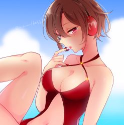 Rule 34 | 1girl, bare shoulders, blue sky, breasts, brown hair, cleavage, clothing cutout, cloud, collarbone, half-closed eyes, halterneck, headphones, headset, kawahara chisato, lips, lipstick, looking at viewer, looking to the side, makeup, medium breasts, meiko (vocaloid), navel, navel cutout, ocean, one-piece swimsuit, outdoors, parted lips, red eyes, red one-piece swimsuit, short hair, sitting, sky, solo, swimsuit, tagme, vocaloid