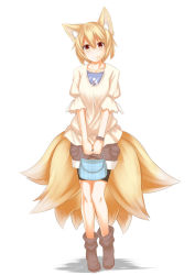 Rule 34 | 1girl, adapted costume, alternate costume, animal ears, bag, bike shorts, blonde hair, blush, brown footwear, collarbone, contemporary, fox ears, fox tail, full body, handbag, highres, looking at viewer, multiple tails, no headwear, puffy sleeves, shirt, shoes, short hair, shorts, simple background, smile, solo, standing, tail, tamahana, touhou, white background, wristband, yakumo ran, yellow eyes