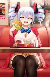 Rule 34 | 1girl, :d, absurdres, blue bow, blue bowtie, blurry, blurry background, blush, bow, bowtie, breasts, brown thighhighs, burger, closed eyes, cup, demon horns, disposable cup, drill hair, drinking straw, earrings, eating, facing viewer, fang, feet out of frame, food, french fries, grey hair, hair ribbon, highres, holding, holding food, horns, indoors, jacket, jewelry, large breasts, long hair, long sleeves, niliu chahui, open clothes, open jacket, open mouth, original, red jacket, red ribbon, ribbon, shione (niliu chahui), shirt, sitting, smile, solo, striped bow, striped bowtie, striped clothes, thighhighs, twin drills, twintails, white shirt