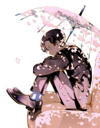 Rule 34 | 1boy, aozukikawasemi, armchair, black footwear, black hair, black jacket, black pants, blue eyes, chair, cherry blossoms, commentary request, dress shoes, falling petals, feet on chair, formal, from side, full body, highres, hugging own legs, jacket, knees up, long sleeves, male focus, no mouth, original, pants, petals, profile, short hair, simple background, sitting, solo, suit, transparent, transparent umbrella, umbrella, white background