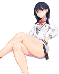 Rule 34 | 10s, 1girl, blouse, bow, bowtie, collared shirt, crossed legs, from below, gridman universe, highres, looking at viewer, red bow, red bowtie, red socks, school uniform, shaded face, shirt, simple background, sitting, socks, solo, ssss.gridman, takarada rikka, thick thighs, thighs, white background, white shirt, yukiyaki