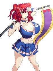Rule 34 | 1girl, alternate costume, aohadapeach, armpits, blue skirt, blue tank top, breasts, cheerleader, cleavage, commission, cowboy shot, crop top, flag, hair bobbles, hair ornament, highres, large breasts, midriff, miniskirt, navel, onozuka komachi, pleated skirt, red eyes, red hair, shirt, short hair, simple background, skirt, sleeveless, sleeveless shirt, stomach, tank top, touhou, touhou lostword, two side up, white background