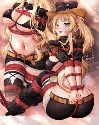 Rule 34 | + +, 1girl, :p, arms behind back, ass, azur lane, bdsm, between breasts, bikini, black bikini, black bra, black shorts, black shrug, blonde hair, blush, bondage, boots, bound, bound arms, bound legs, bra, breasts, breasts apart, character name, commentary, cowboy hat, crotch rope, english commentary, facing viewer, from behind, full body, green eyes, hat, heart, heart in eye, high heel boots, high heels, highres, hip focus, hornet (azur lane), knees up, large breasts, legs together, long hair, looking at viewer, looking back, luyluc, medium breasts, midriff, multiple views, naughty face, navel, restrained, revealing clothes, shibari, short shorts, shorts, skindentation, stomach, swimsuit, symbol in eye, teasing, thigh gap, thighhighs, thighs, tongue, tongue out, twintails, underwear, very long hair