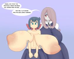 Rule 34 | 2girls, :o, blue background, blue hair, blush, breast expansion, grabbing another&#039;s breast, breasts, constanze amalie von braunschbank-albrechtsberger, dark blue hair, english text, gigantic breasts, grabbing, grabbing from behind, hair ornament, hair over one eye, highres, huge breasts, large areolae, little witch academia, looking at viewer, multiple girls, nipples, open mouth, ponytail, simple background, speech bubble, sucy manbavaran, topless, touhoufan