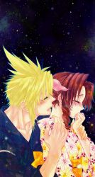 Rule 34 | 1boy, 1girl, 39cva, aerith gainsborough, alternate costume, blonde hair, blush, brown hair, closed eyes, cloud strife, covering own mouth, final fantasy, final fantasy vii, floral print, hair ribbon, hand on another&#039;s shoulder, hand over own mouth, highres, holding another&#039;s wrist, hug, hug from behind, japanese clothes, lower teeth only, night, night sky, open mouth, parted bangs, ribbon, sidelocks, sky, spiked hair, teeth, upper body