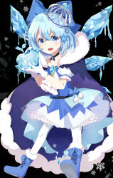 Rule 34 | 1girl, :d, absurdres, adapted costume, ametama (runarunaruta5656), black background, blue bow, blue dress, blue eyes, blue footwear, blue hair, boots, bow, brooch, cape, cirno, commentary, cross-laced footwear, crown, crystal, dress, embellished costume, food, frozen, fruit, full body, fur collar, gem, hair between eyes, highres, holding, holding food, holding fruit, jewelry, off-shoulder dress, off shoulder, open mouth, footwear bow, shoes, short hair, smile, snowflakes, solo, touhou