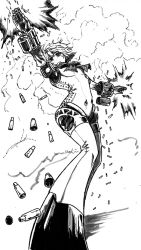 Rule 34 | 1girl, aegis (persona), android, casing ejection, dual wielding, firing, greyscale, holding, joints, koyubi (littlefinger1988), monochrome, monochrome, muzzle flash, persona, persona 3, robot joints, shell casing, short hair, smoke, solo