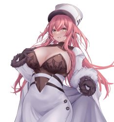 Rule 34 | 1girl, absurdres, azur lane, black gloves, black leotard, blush, breasts, center opening, cleavage, coat dress, commentary, cowboy shot, dress, earrings, embarrassed, fur-trimmed sleeves, fur hat, fur trim, gloves, hair between eyes, hand on own chest, hat, highres, jewelry, large breasts, leotard, leotard under clothes, long hair, looking at viewer, open mouth, papakha, pink hair, sidelocks, simple background, solo, standing, sweatdrop, two side up, volga (azur lane), white background, white dress, white hat, yellow eyes, yuuki shuri