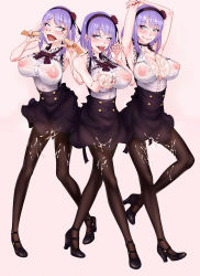Rule 34 | 10s, 1girl, ahegao, arms up, between breasts, black pantyhose, blue eyes, blush, breasts, cleavage, covered erect nipples, cupping hand, dagashi kashi, double v, fellatio gesture, flower, food, food on clothes, food on face, frills, hair flower, hair ornament, hair ribbon, hairband, high-waist skirt, high heels, highres, inverted nipples, large breasts, looking at viewer, messy, nail polish, nipples, no bra, oishinbo, open mouth, pantyhose, popsicle, purple hair, ribbon, ringed eyes, rose, see-through, sexually suggestive, shidare hotaru, short hair, shoujo donburi, skirt, smile, solo, suggestive fluid, suspender skirt, suspenders, thighband pantyhose, tongue, tongue out, umaibou, v