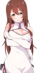 Rule 34 | 1girl, arms under breasts, bare shoulders, blush, breast hold, breasts, brown eyes, brown hair, china dress, chinese clothes, cleavage, cleavage cutout, clothing cutout, dress, elbow gloves, enelis, gloves, hair between eyes, head tilt, idolmaster, idolmaster shiny colors, large breasts, long hair, osaki tenka, parted lips, simple background, sleeveless, sleeveless dress, solo, very long hair, white background, white dress, white gloves
