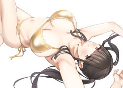 Rule 34 | 1girl, armpits, arms up, bikini, black hair, blunt bangs, blush, breasts, breasts apart, brown eyes, commentary request, gold bikini, halterneck, large breasts, long hair, lying, navel, on back, original, purumetal, side-tie bikini bottom, simple background, solo, stomach, swimsuit, thighs, tongue, tongue out, twintails, white background