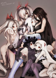 Rule 34 | 10s, 6+girls, abyssal ship, airfield princess, anchorage princess, armored aircraft carrier princess, artist name, battleship princess, black dress, black gloves, black hair, black legwear, boots, breasts, cheek-to-cheek, cheek squash, claws, cleavage, detached sleeves, dress, girl sandwich, gloves, gothic lolita, grabbing, grabbing another&#039;s breast, hachachi, hair over one eye, heads together, highres, horns, isolated island oni, kantai collection, large breasts, lolita fashion, long hair, multiple girls, open mouth, pale skin, pantyhose, red eyes, ribbed dress, saliva, sandwiched, seaport princess, short dress, single horn, skin-covered horns, smile, southern ocean war princess, spaghetti strap, twintails, watermark, web address, white hair, yuri