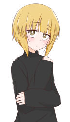 Rule 34 | 1girl, ame (amechan17391739), bad id, bad twitter id, black shirt, blonde hair, blunt bangs, blush, bob cut, bright pupils, casual, closed mouth, commentary, cutlass (girls und panzer), girls und panzer, highres, inactive account, light frown, long sleeves, looking at viewer, shirt, short hair, simple background, solo, turtleneck, upper body, white background, white pupils, yellow eyes