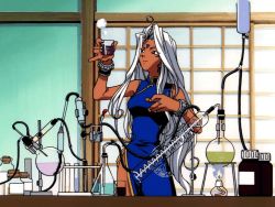 Rule 34 | 1990s (style), 1girl, aa megami-sama, alcohol burner, artist request, beaker, blue dress, burner, chemistry, china dress, chinese clothes, dark-skinned female, dark skin, dress, erlenmeyer flask, facial mark, flask, forehead mark, indoors, jewelry, laboratory, long hair, pinky out, retro artstyle, ring, round-bottom flask, science, scientist, shouji, side slit, siphon, sleeveless, sleeveless dress, sliding doors, solo, table, test tube, urd (aa megami-sama), very long hair, white hair