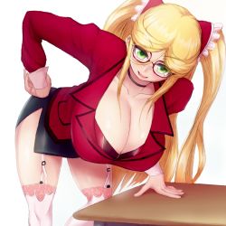 Rule 34 | 1girl, bent over, blonde hair, breasts, cleavage, con nyaku, curvy, female focus, formal, glasses, green eyes, huge breasts, kosaka shizuru, long hair, looking at viewer, miniskirt, office lady, pencil skirt, shiny skin, shirt, simple background, skirt, skirt suit, smile, solo, standing, suit, table, taimanin (series), taimanin yukikaze, teacher, twintails, very long hair, white background