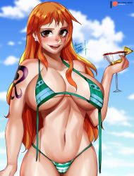 Rule 34 | 1girl, bikini, blush, breasts, brown eyes, cameltoe, cleft of venus, cocktail, cocktail glass, cup, day, drinking glass, earrings, artistic error, green bikini, highres, huge breasts, jewelry, lips, long hair, looking at viewer, mili leona orochi, nami (one piece), navel, one piece, one piece: strong world, orange hair, shoulder tattoo, signature, solo, standing, swimsuit, tattoo, underboob, untied bikini