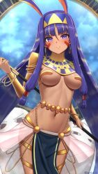 Rule 34 | 1girl, absurdres, animal ears, belly chain, blue eyes, blush, bracelet, breasts, covered erect nipples, dark-skinned female, dark skin, earrings, egyptian, egyptian clothes, facepaint, fate/grand order, fate (series), highres, holding, hoop earrings, jackal ears, jewelry, long hair, looking at viewer, low-tied long hair, medium breasts, navel, nitocris (fate), nitocris (third ascension) (fate), parted lips, particle sfs, purple hair, revealing clothes, stomach, usekh collar
