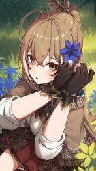 Rule 34 | 1girl, absurdres, ahoge, black gloves, blue flower, blush, brown capelet, brown cloak, brown eyes, brown hair, brown skirt, buttons, capelet, cloak, commentary, crossed bangs, english commentary, erezu, eyelashes, feather hair ornament, feathers, flower, gloves, grass, hair between eyes, hair flower, hair ornament, hairclip, hands up, high ponytail, highres, hololive, hololive english, hood, hood down, hooded cloak, long hair, long sleeves, looking at viewer, multicolored hair, nanashi mumei, nanashi mumei (1st costume), open mouth, outdoors, partially fingerless gloves, plant, pleated skirt, ponytail, red skirt, shirt, sidelocks, skirt, sleeves rolled up, smile, solo, streaked hair, teeth, very long hair, virtual youtuber, white hair, white shirt