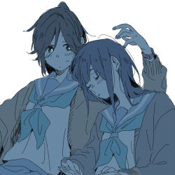 Rule 34 | 2girls, :|, arm up, backlighting, blue theme, blunt bangs, blush, book, bright pupils, cardigan, closed eyes, closed mouth, couple, eyes visible through hair, hatching (texture), head on another&#039;s shoulder, hibike! euphonium, high ponytail, kasaki nozomi, kitauji high school uniform, leaning on person, leaning to the side, linear hatching, liz to aoi tori, long hair, long sleeves, looking at another, looking to the side, multiple girls, neckerchief, nose blush, open book, open cardigan, open clothes, parted lips, ponytail, puffy long sleeves, puffy sleeves, ree (re-19), sailor collar, school uniform, serafuku, shirt, side-by-side, simple background, sitting, sleeping, sleeping on person, sleeping upright, sweat, tareme, upper body, watch, white background, white pupils, wristwatch, yoroizuka mizore, yuri