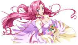 Rule 34 | 1girl, armband, artist request, blue flower, breasts, cleavage, cleavage cutout, clothing cutout, code geass, code geass: lost stories, dress, earrings, euphemia li britannia, female focus, flower, from above, game cg, happy, highres, holding, holding flower, jewelry, long dress, long hair, long sleeves, looking at viewer, medium breasts, neck flower, non-web source, official art, open mouth, orange flower, own hands together, pink dress, pink flower, pink hair, pink rose, purple eyes, red flower, rose, sidelocks, simple background, smile, solo, standing, transparent background, two-tone dress, very long hair, wide sleeves, wind