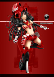 Rule 34 | 1girl, black hair, breasts, elbow gloves, ferrari, formula one, gloves, green eyes, head tilt, highres, long hair, mecha musume, navel, personification, pigeon-capsule, red background, red theme, red thighhighs, revealing clothes, short shorts, shorts, solo, thighhighs, underboob, wheel