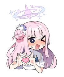 Rule 34 | &gt; o, 1girl, blue archive, blush, chibi, commentary, cropped torso, donmin h, dress, english commentary, flower, hair bun, hair flower, hair ornament, halo, heart, heart hands, highres, long hair, looking at viewer, mika (blue archive), nose blush, one eye closed, open mouth, pink hair, purple flower, simple background, single side bun, solo, upper body, very long hair, white background, white dress