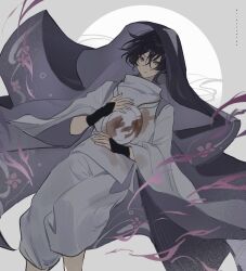Rule 34 | 1boy, black hair, blood, blood on clothes, closed mouth, floral print, genshin impact, hair between eyes, highres, japanese clothes, lofter username, looking at viewer, male focus, multicolored hair, purple eyes, purple hair, scaramouche (genshin impact), scaramouche (kabukimono) (genshin impact), simple background, solo, two-tone background, veil, vidoakdame, wide sleeves