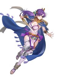 Rule 34 | 1girl, attack, earrings, fire emblem, fire emblem: the binding blade, fire emblem heroes, hanusu, highres, holding, holding sword, holding weapon, jewelry, juno (fire emblem), juno (nimble grace) (fire emblem), nintendo, non-web source, official alternate costume, official art, pelvic curtain, purple eyes, purple hair, simple background, solo, sword, tassel, tassel earrings, v-shaped eyebrows, weapon, white background