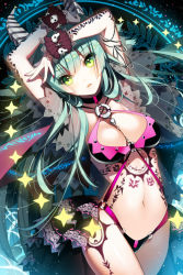 Rule 34 | 1girl, aqua hair, arms up, bad id, bad pixiv id, bare legs, bikini, bracelet, breasts, cherrypin, choker, cleavage, criss-cross halter, green eyes, green hair, halterneck, halterneck, horns, jewelry, large breasts, long hair, matching hair/eyes, nail polish, navel, o-ring, o-ring swimsuit, open mouth, skull, solo, star (symbol), swimsuit, sword girls, tattoo, wrist cuffs
