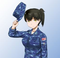 Rule 34 | 1girl, alternate costume, black hair, blue background, camouflage, gradient background, hat, hat holding, unworn hat, unworn headwear, kaga (kancolle), kantai collection, lifted by self, looking at viewer, maaranto, military, military uniform, rising sun flag, short hair, side ponytail, solo, sunburst, uniform, upper body, yellow eyes