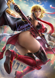 Rule 34 | 1girl, armpits, ass, blonde hair, blue eyes, boots, breasts, cape, closed mouth, commission, eternal wheel, fingerless gloves, gloves, headband, holding, holding weapon, kaopon, knee boots, large breasts, looking at viewer, looking back, medium hair, panties, polearm, red headband, red panties, sideboob, skeb commission, skindentation, solo, spear, thighhighs, thighs, underwear, weapon