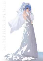 Rule 34 | 1girl, alternate costume, asymmetrical hair, backless dress, backless outfit, blue eyes, blue hair, blue nails, blush, breasts, bridal gauntlets, bridal veil, closed mouth, dangle earrings, dress, earrings, eyelashes, flower, from side, full body, gloves, hair between eyes, hair bun, hair flower, hair ornament, highres, hololive, hoshimachi suisei, jewelry, light blue hair, looking at viewer, medium hair, nail polish, ponytail, profile, rose, simple background, single side bun, small breasts, smile, solo, standing, star (symbol), star earrings, strapless, strapless dress, totuoooo1015, veil, virtual youtuber, wedding dress, white background, white dress, white flower, white gloves, white rose, white veil