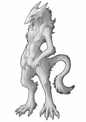 Rule 34 | androgynous, animal ears, claws, flat chest, full body, furry, gender request, monochrome, open mouth, rain silves, sergal, simple background, solo, standing, tail, tongue, trancy mick, white background