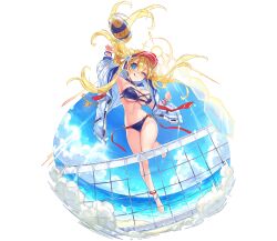 1girl ;) aqua_eyes arm_up bikini blonde_hair blue_bikini blue_sky bracelet breasts cloud cloudy_sky crossed_bangs day floating_hair full_body grayside_(phantom_of_the_kill) hair_between_eyes hair_ornament hand_up highres jacket jewelry jumping large_breasts licking_lips long_hair looking_at_viewer motion_lines navel ocean official_alternate_costume official_art one_eye_closed open_clothes open_jacket outdoors phantom_of_the_kill scrunchie sky smile solo sun swimsuit third-party_source tongue tongue_out transparent_background twintails two_side_up visor_cap volleyball volleyball_net white_jacket yamori_(gumi)