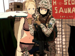 Rule 34 | 2girls, assault rifle, bare shoulders, blonde hair, blue eyes, blush stickers, camouflage, camouflage jacket, camouflage pants, check commentary, collarbone, commentary request, finnish army, finnish flag, gloves, gun, helmet, jacket, military, military uniform, multiple girls, navel, original, pants, partial commentary, rifle, rk62, scope, shibafu (glock23), short hair, smile, soldier, sports bra, tactical clothes, underwear, uniform, v, vihta, weapon